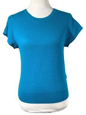 J Crew Sweater Ribbed Featherweight Cashmere Womens M Teal Short Sleeve